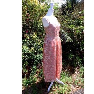 Just Me Style Coral Pink Lace Midi Dress Square Neck Gold Embroidery M /#26425